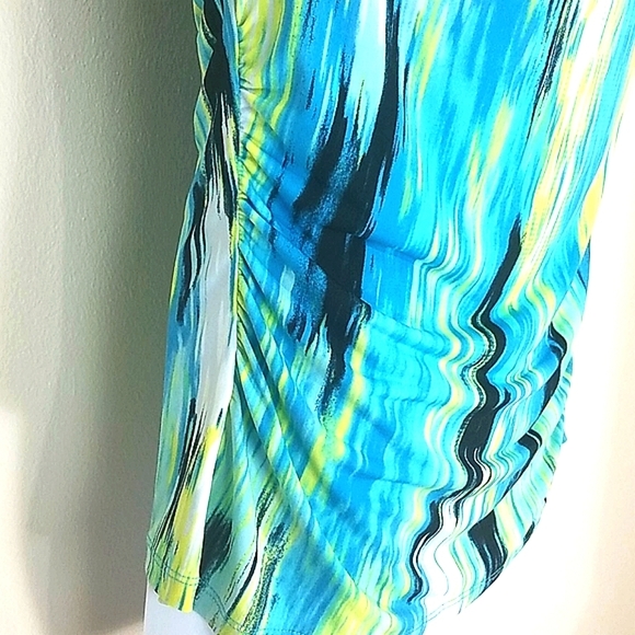 Tank top cowl neck stretch gathered sides blue yellow black abstract print EUC - Picture 6 of 9